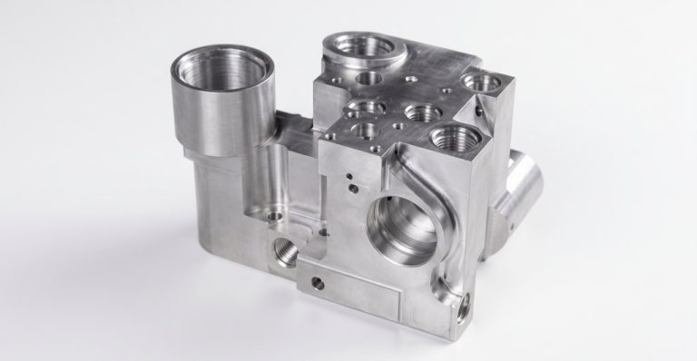 Precision machined aluminum automotive component with threaded ports