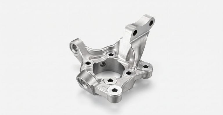 CNC machined aluminum steering knuckle with precision holes and smooth finish