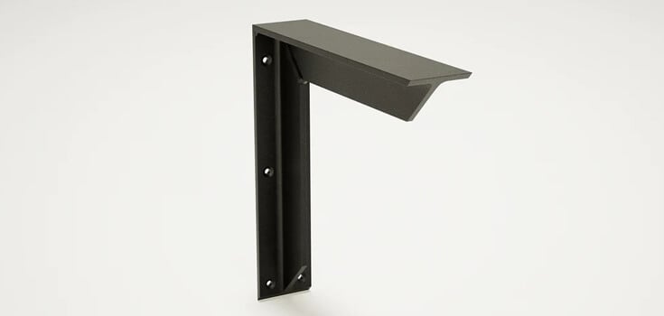 Black metal bracket with matte finish and mounting holes