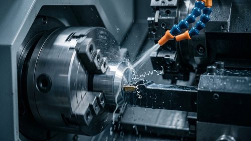 CNC lathe cutting a precision bevel edge on steel part