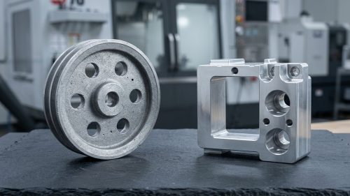 Billet versus cast aluminum parts compared on workshop table