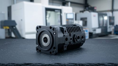 Black anodized aluminum CNC machined housing with cooling fins and bearing bore