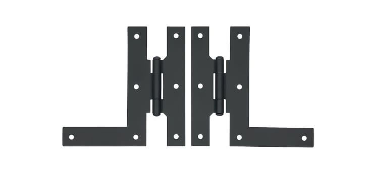 two black metal hinges with central pivots