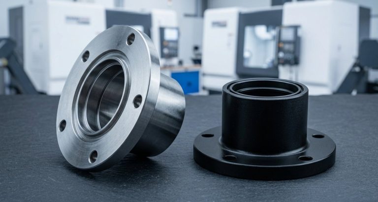 Black oxide finish compared to bare steel on machined flange