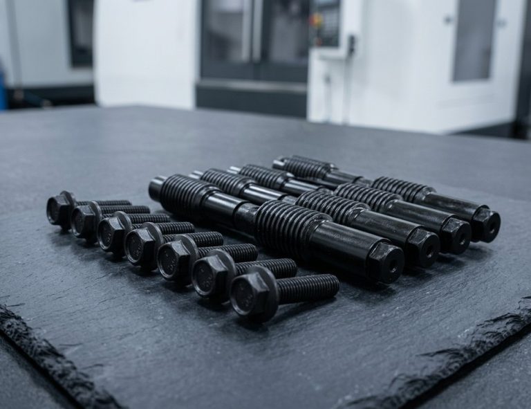 Black oxide coated steel fasteners and dowel pins on worktable