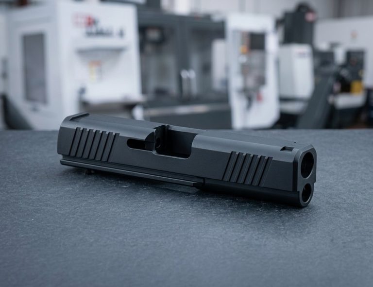 Black oxide finished steel pistol slide with matte surface