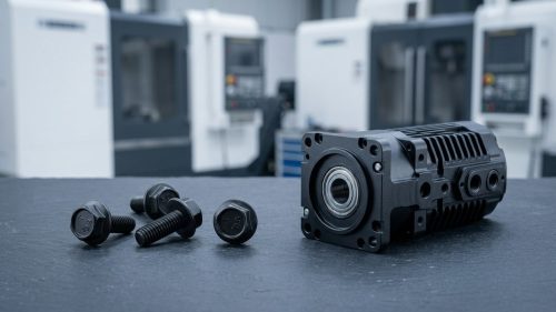 black oxided steel bolts beside anodized aluminum housing comparison