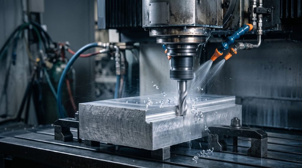CNC milling cutting aluminum block on blog banner image