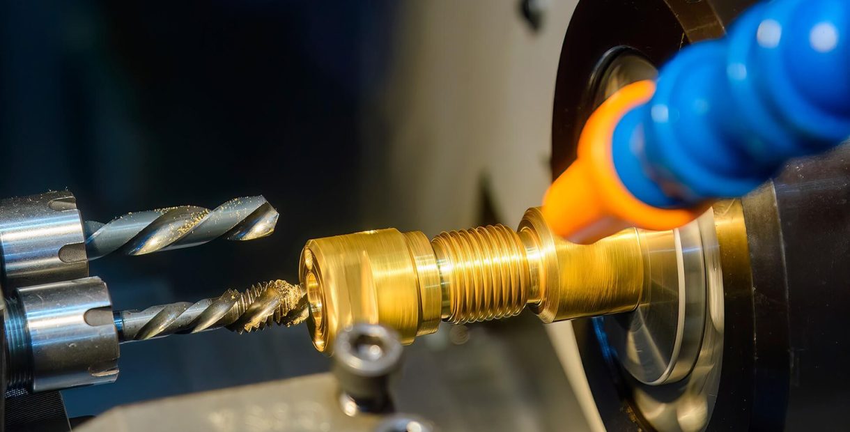 CNC drilling of a brass fitting with coolant