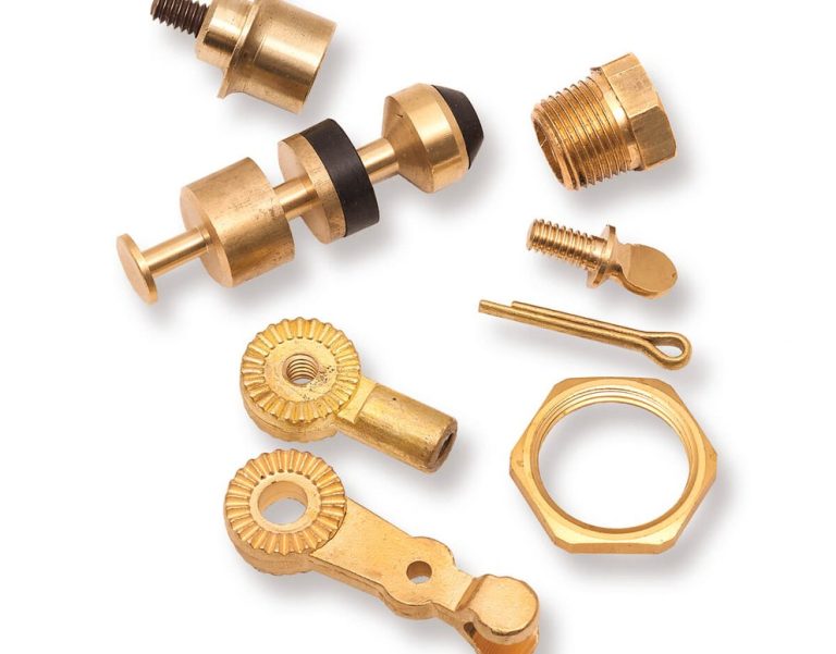 Brass float valve replacement parts on white