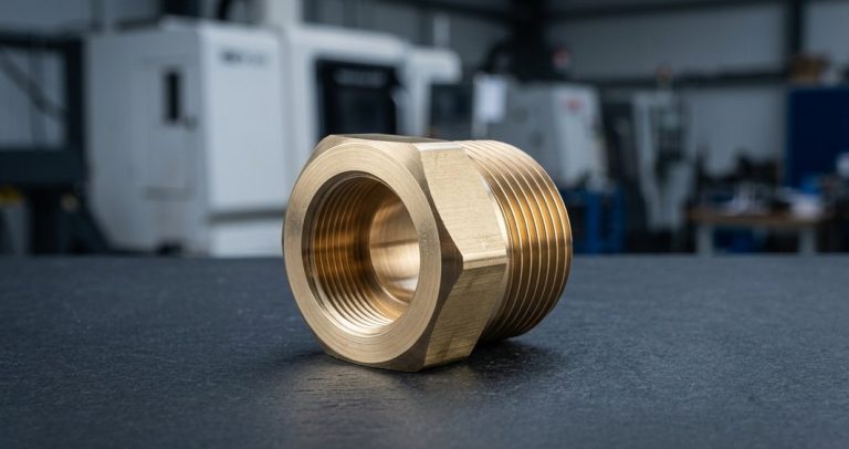 Finished brass CNC machined fitting on worktable