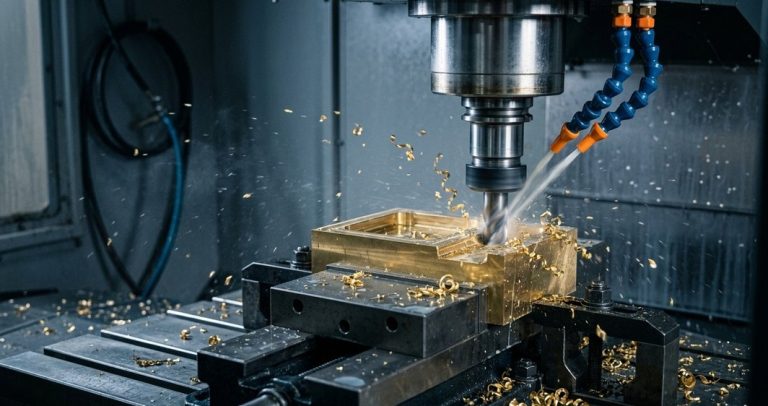 CNC milling brass block during machining process
