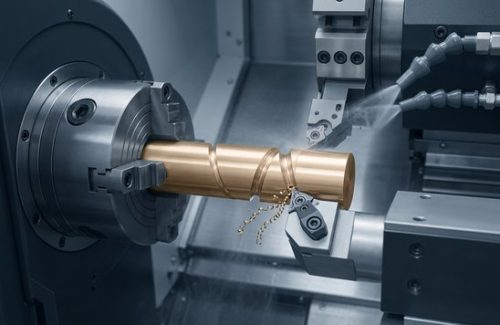 CNC lathe turning bronze 841 bar with cutting chips