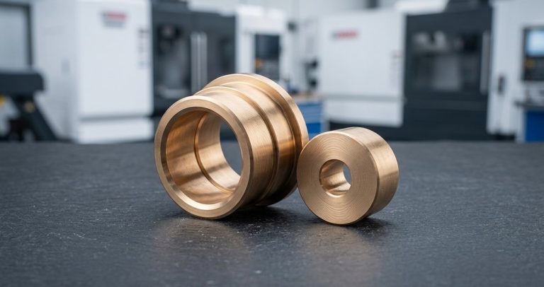 Finished bronze bushing parts on dark workshop table