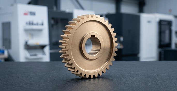 Bronze spur gear machined part on dark worktable