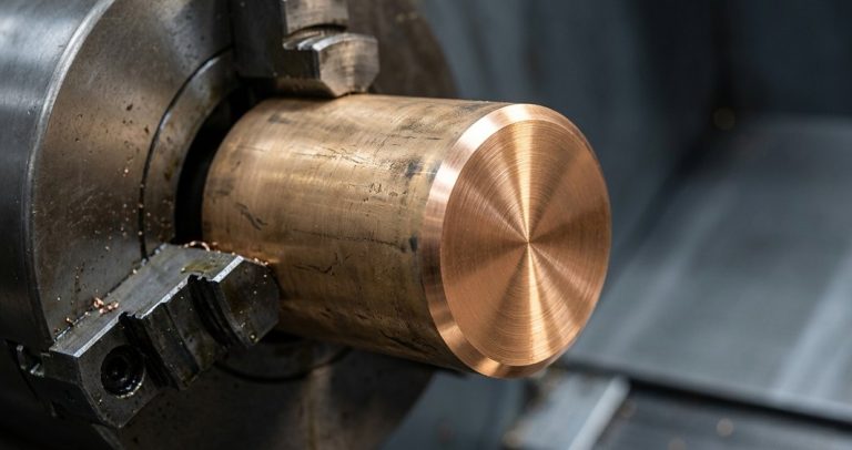 Raw bronze round bar stock loaded in CNC lathe chuck