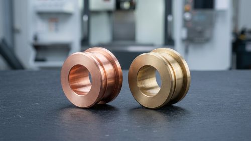 Machined copper and bronze parts compared on dark workbench