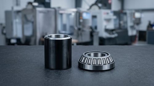 Bushing and roller bearing compared side by side on dark table