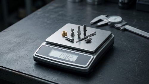 digital scale weighing machined metal parts to calculate weight