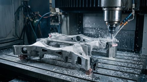 CNC milling machine cutting an aluminum car chassis subframe
