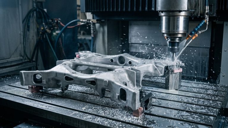 CNC milling machine cutting an aluminum car chassis subframe