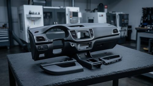 Machined car dashboard plastic components arranged on dark worktable