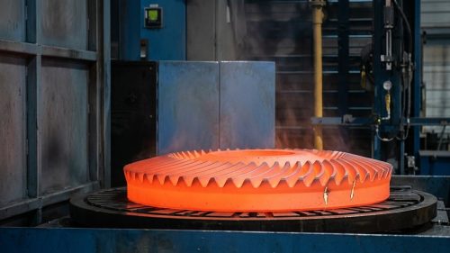 Large steel gear glowing orange during case hardening heat treatment