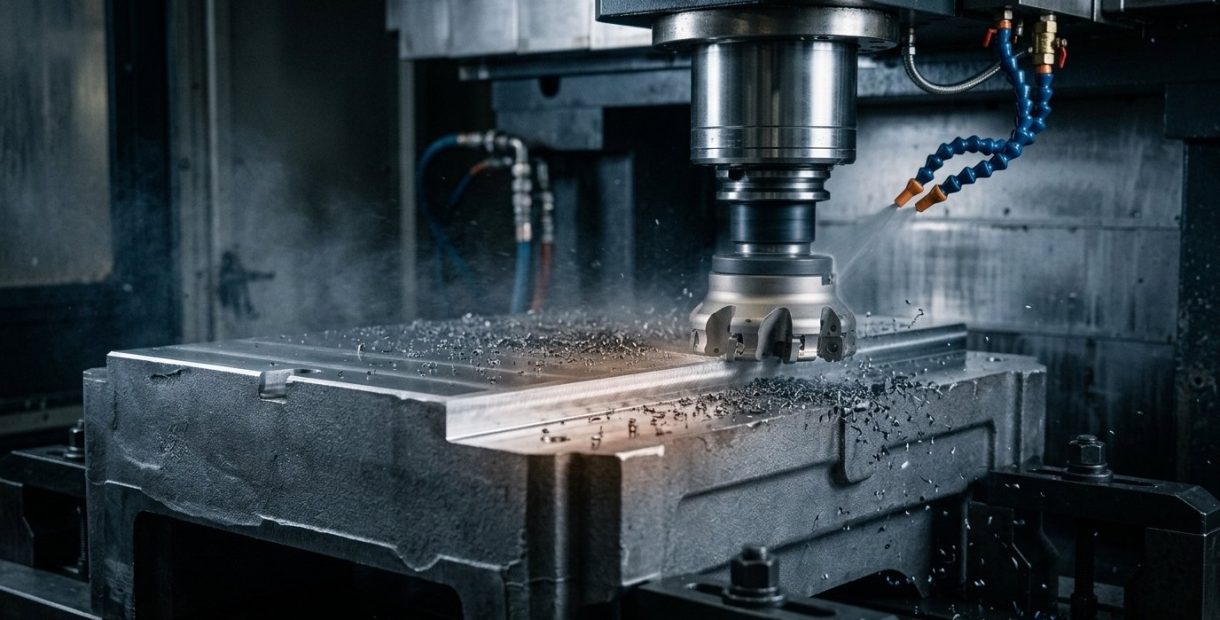 CNC milling a gray cast iron machine tool base surface