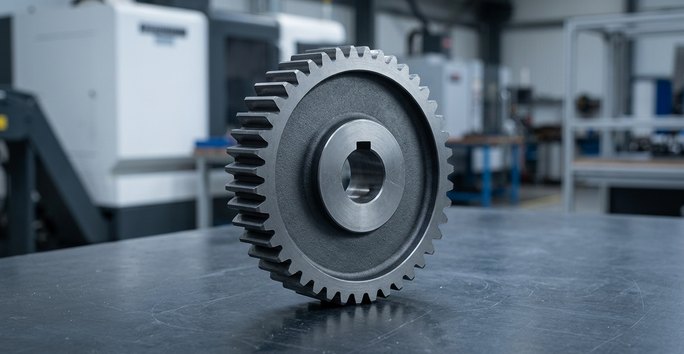 Ductile iron gear finished part on dark worktable