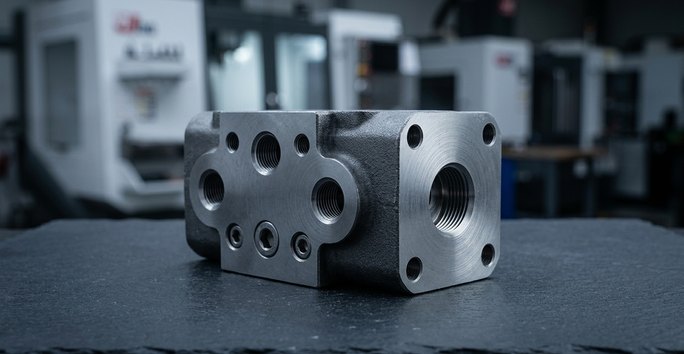 Gray iron hydraulic manifold block with drilled galleries