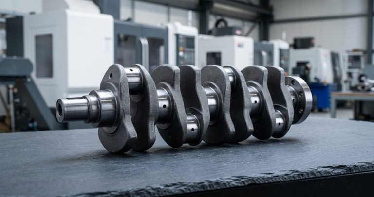 Machined ductile iron crankshaft on dark worktable