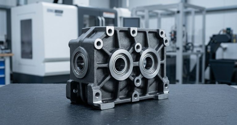 Gray iron gearbox housing with machined bearing seats