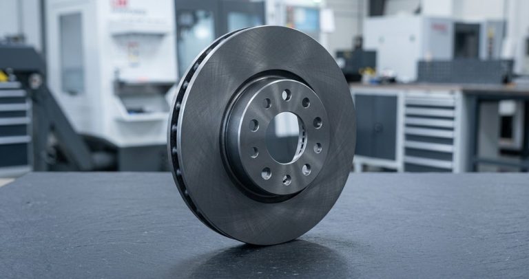Finished gray cast iron brake disc on dark table
