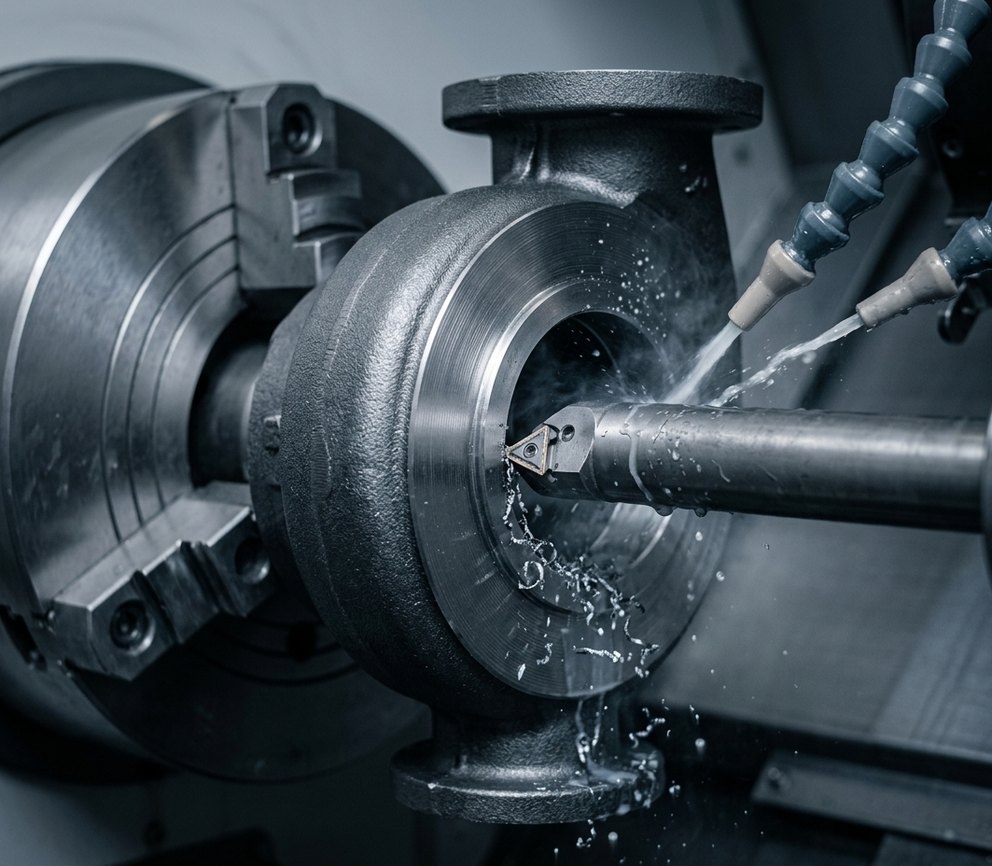 CNC boring a ductile iron pump body bore
