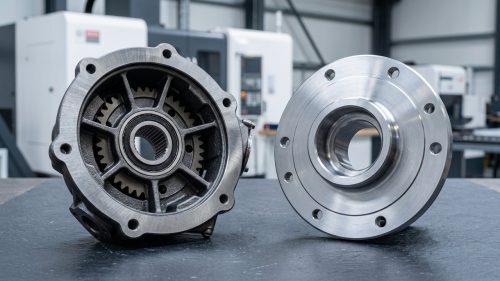 Cast iron housing and steel flange compared side by side