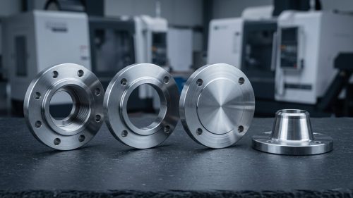 Comparison of different CNC machined flange types on dark worktable