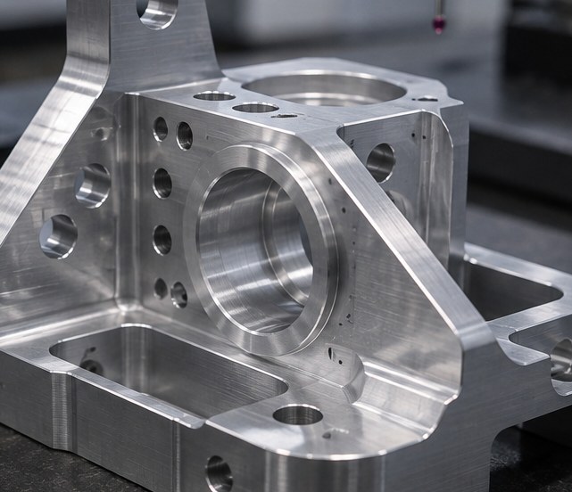 Finished CNC drilled flange with counterbored mounting holes on dark table