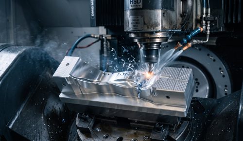 5-axis CNC milling machine cutting complex aluminum part with coolant