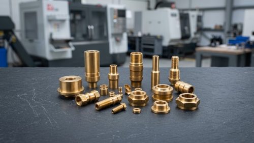 Assorted CNC machined brass fittings and spacers on dark table