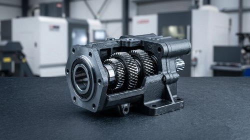 CNC machining cast iron gearbox housing with machined gear bores