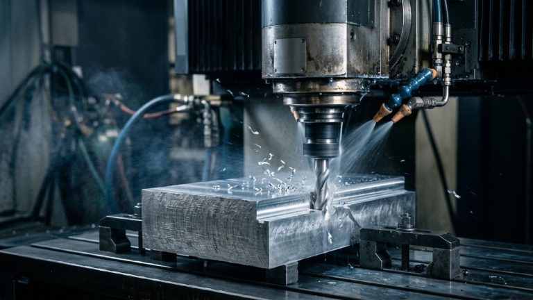CNC milling machine machining aluminum block at precision machining company