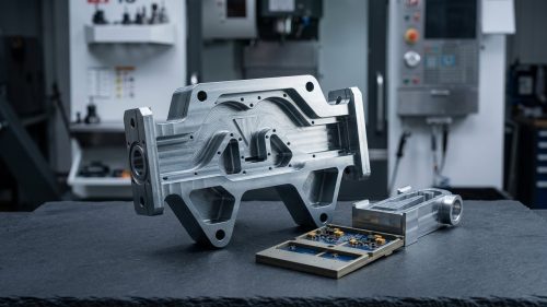 CNC machined aluminum enclosure housing an electronics circuit board