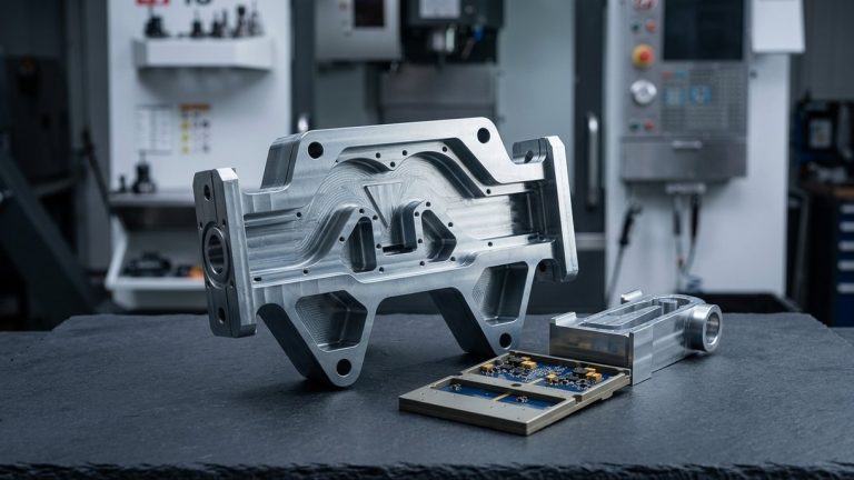 CNC machined aluminum enclosure housing an electronics circuit board