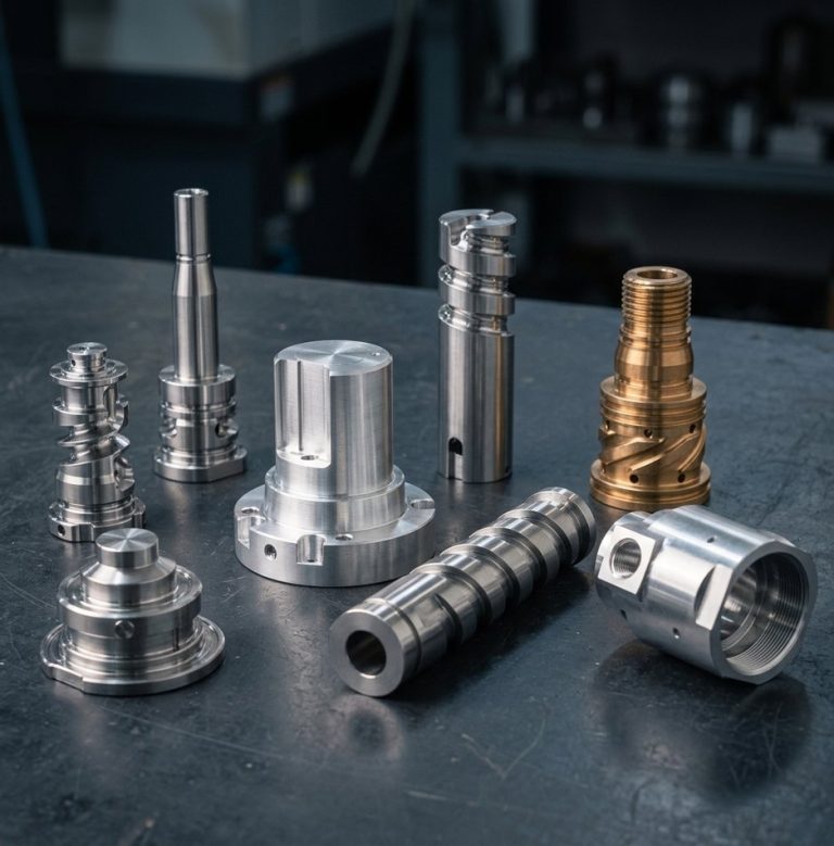 Multiple metal alloys shown as CNC machined precision parts