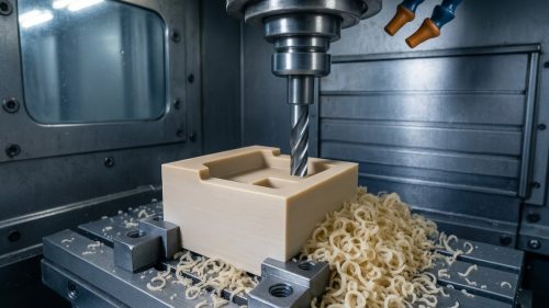 CNC milling a PEEK block, machine spindle cutting with curled chips
