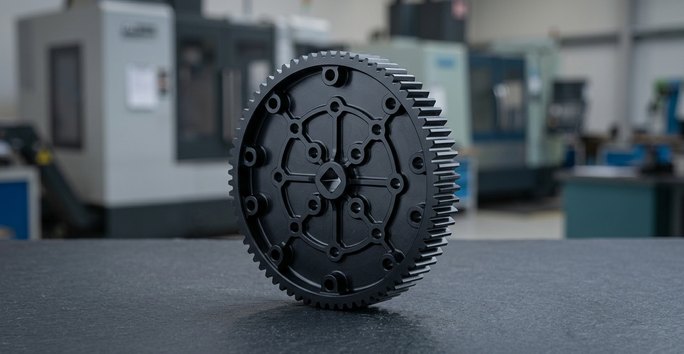 CNC machining plastics Delrin POM gear on dark worktable