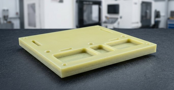 CNC machining plastics FR4 G10 laminate plate on worktable