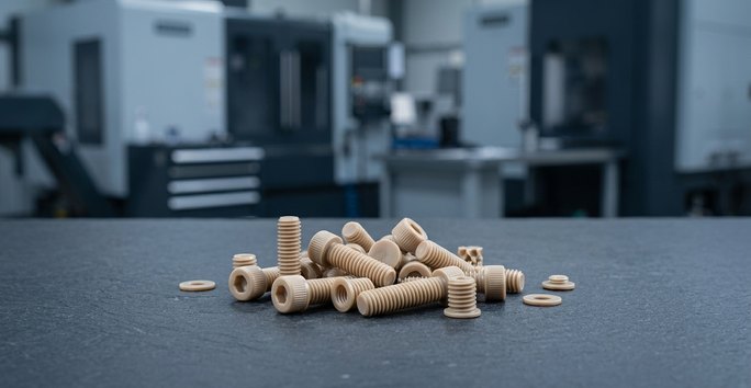 CNC machining plastics nylon fasteners on dark worktable