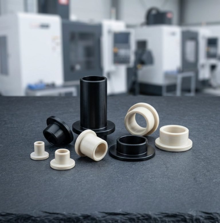 CNC machining plastics parts turned from PEEK on worktable