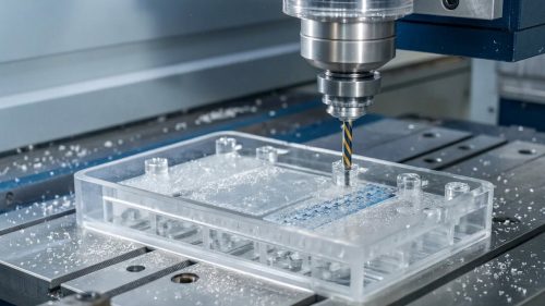 CNC machining polycarbonate part with milling cutter and chips